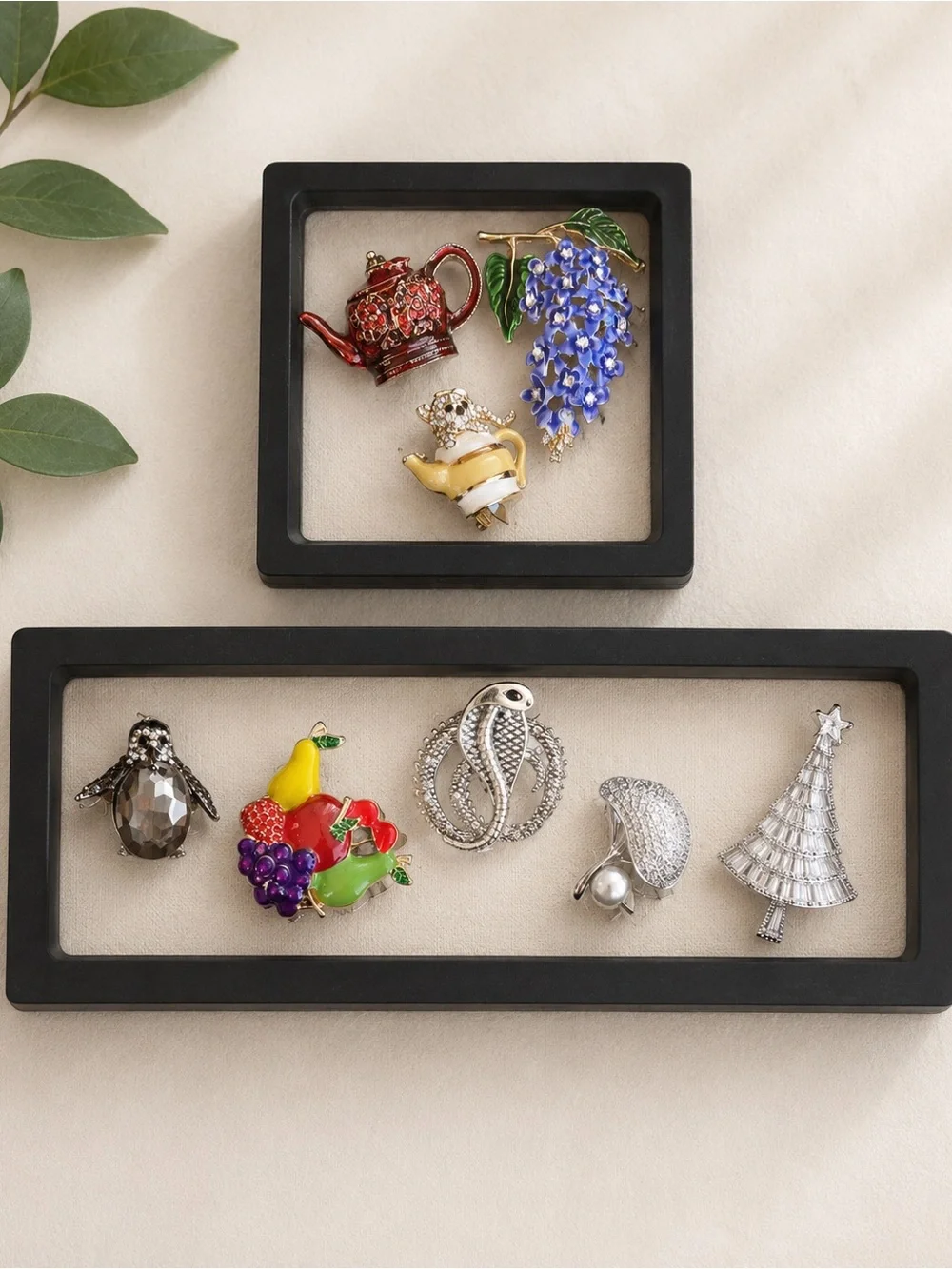 19 Assorted Vintage-Style Enamel & Rhinestone Brooch Pin Lot -w/ jewelry frames